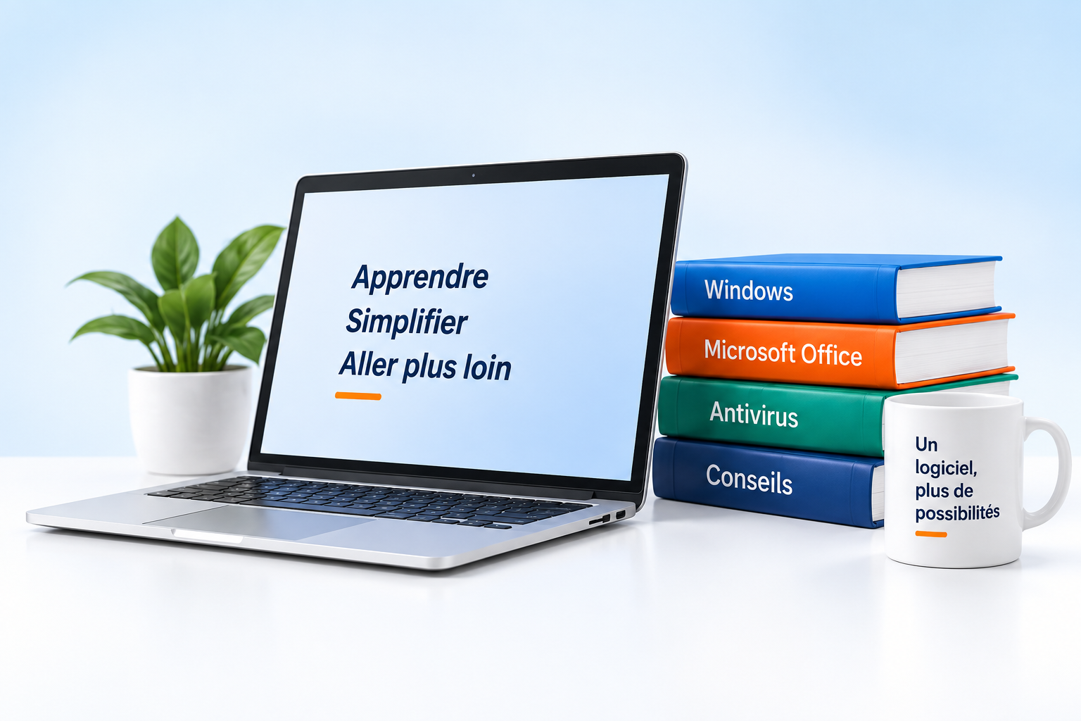 Ordinateur portable, livres informatiques et plante